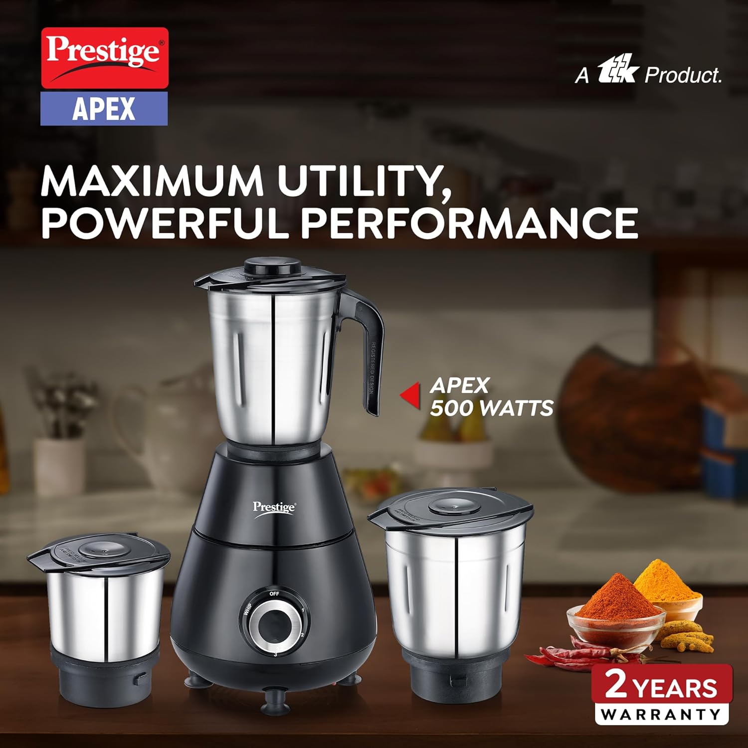 Prestige 500 Watts Apex Mixer Grinder with 3 Stainless Steel Jars